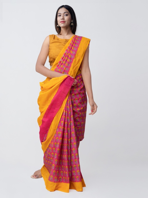 

Unnati Silks Pink & Yellow Art Silk Printed Handloom Saree