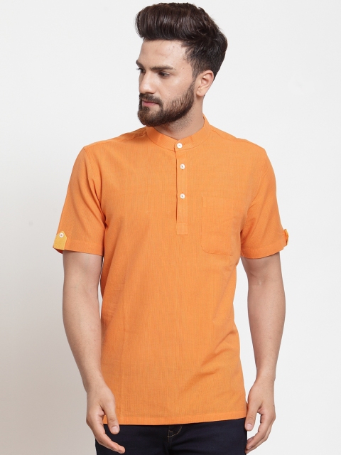 

NEUDIS Men Orange Striped Straight Handloom Short Kurta