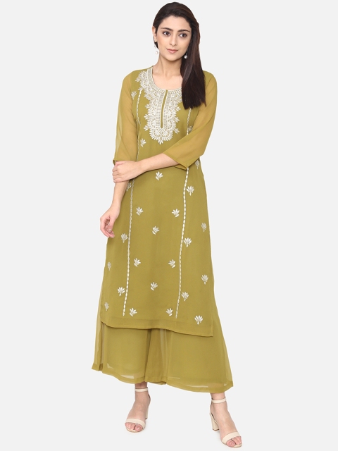 

Laabha Women Olive Green Embroidered Kurta with Palazzos