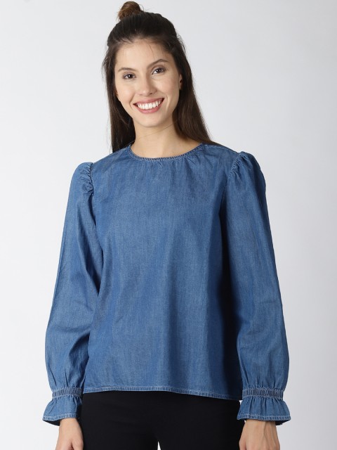 

Blue Saint Women Blue Solid Denim A-Line Top
