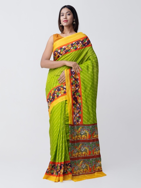 

Unnati Silks Green & Yellow Art Silk Ikat & Kalamkari Printed Pochampally Sustainable Saree