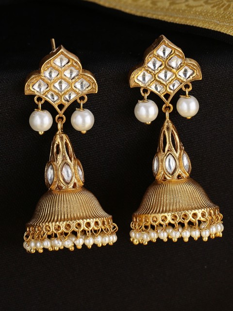 

Tistabene Gold-Plated & Off-White Kundan Studded Dome Shaped Jhumkas