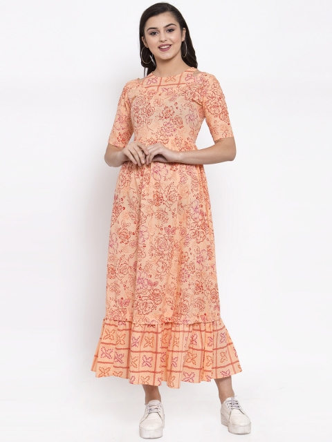 

Indibelle Women Peach-Coloured & Red Printed Fit and Flare Dress