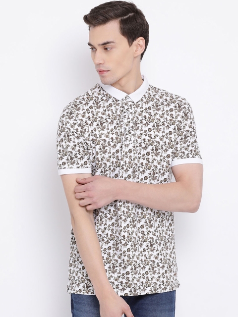 

Crimsoune Club Men White & Brown Floral Printed Slim Fit Polo Collar T-shirt