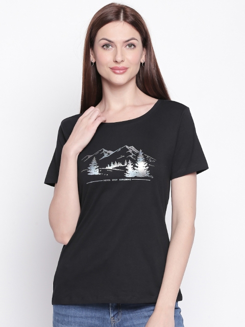 

Honey by Pantaloons Women Black Grey Printed Round Neck Pure Cotton T-shirt