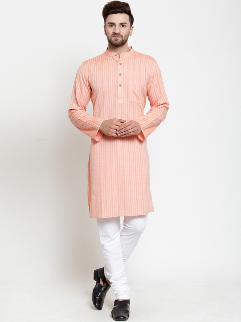 

NEUDIS Men Orange Striped Handloom Jacquard Straight Kurta