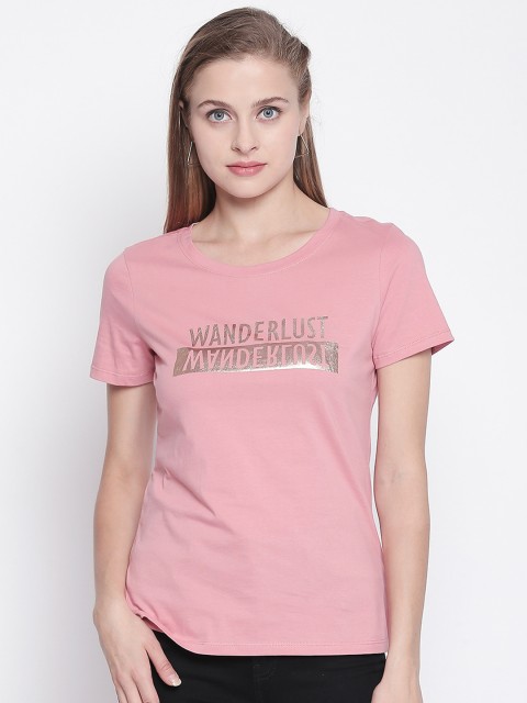 

Honey by Pantaloons Women Pink & Silver-Coloured Printed Round Neck T-shirt
