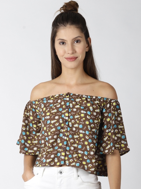 

Blue Saint Women Brown & Yellow Printed Crop Bardot Top