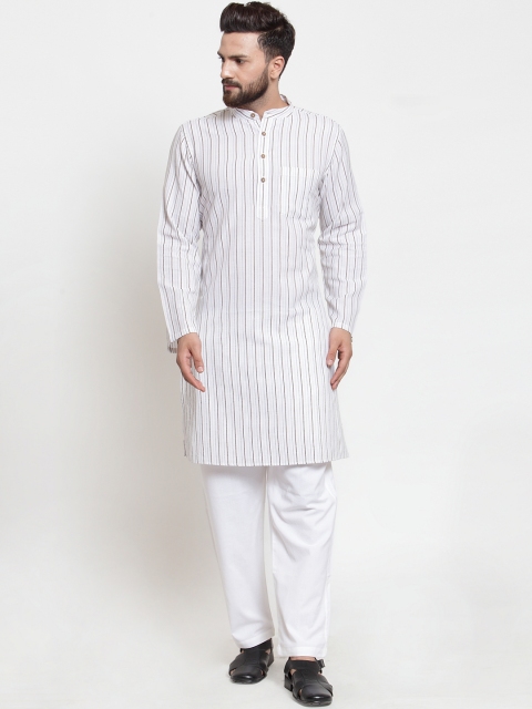 

NEUDIS Men White & Grey Striped Handloom Straight Kurta