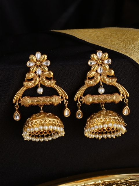 

Tistabene Gold-Plated & Off-White Pearl & Kundan Embellished Dome Shaped Jhumkas
