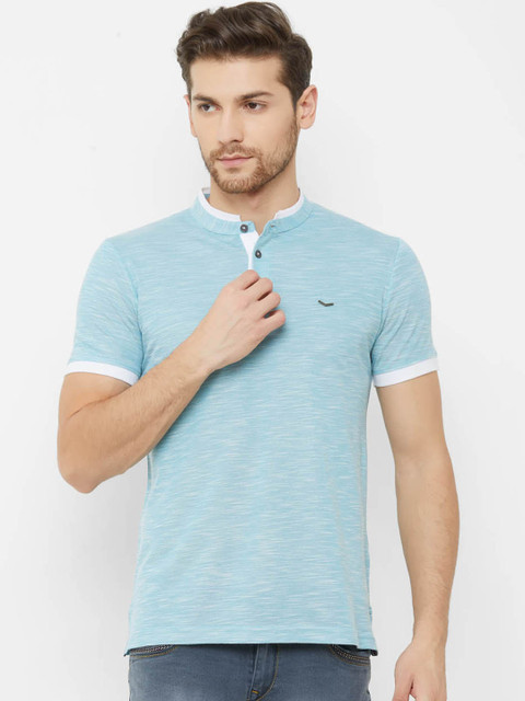 

NEXGEN CLUB Men Blue Solid Mandarin Collar T-shirt