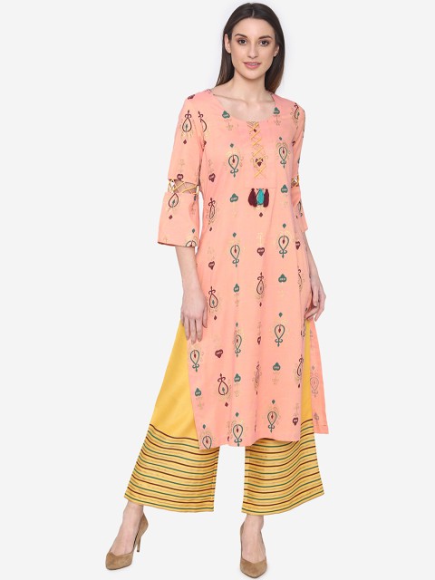 

Laabha Women Peach-Coloured & Yellow Printed Kurti with Palazzos