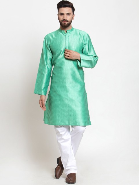 

NEUDIS Men Sea Green Woven Design Handloom Straight Kurta