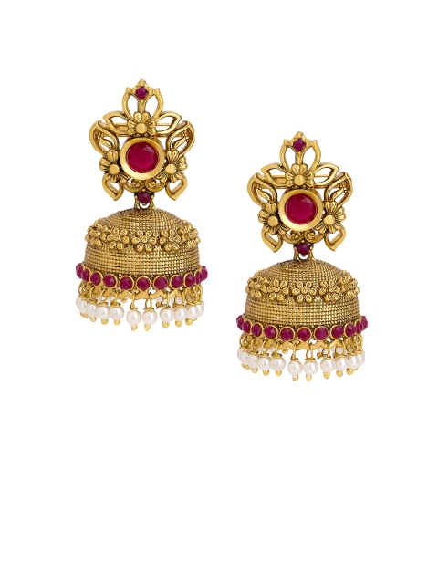 

Adwitiya Collection Gold-Plated & Red Dome Shaped Jhumkas