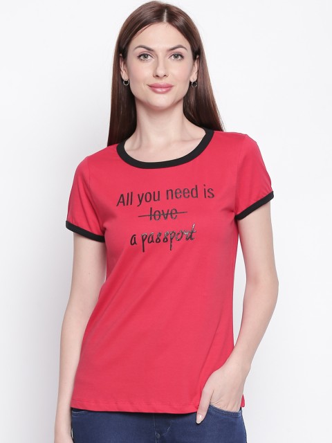 

Honey by Pantaloons Women Red Printed Round Neck Pure Cotton T-shirt
