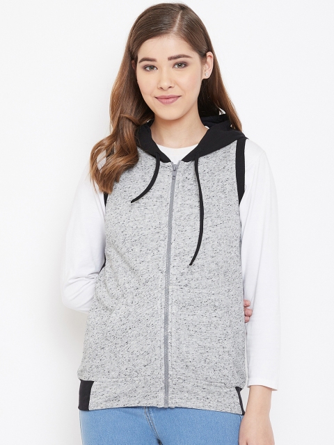 Rute Women Grey & White Solid Hooded Sweatshirt