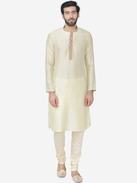 

Manyavar Men Cream-Coloured Self Design Kurta with Churidar & Jacket