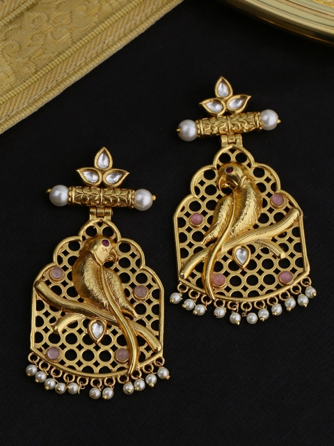 

Tistabene Gold-Plated Parrot Jali Work Kundan Studded Classic Drop Earrings
