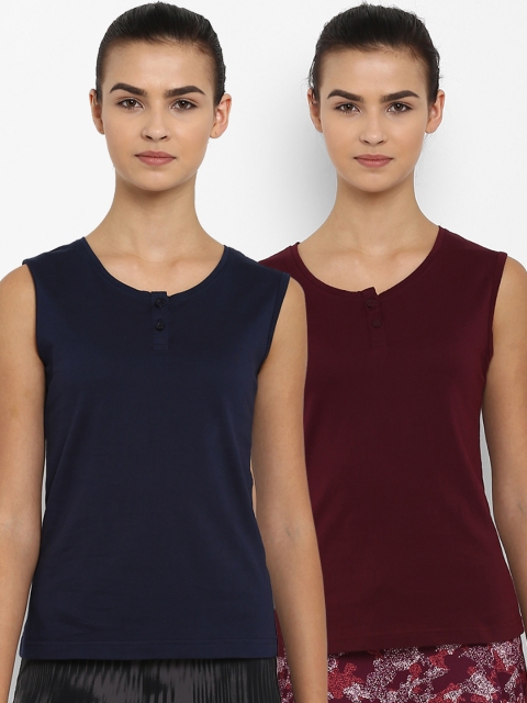

appulse Women Pack of 2 Solid Henley Neck T-shirts, Navy blue
