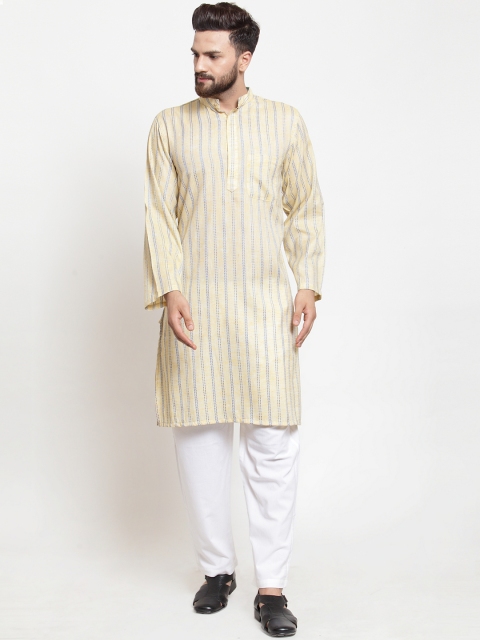 

NEUDIS Men Yellow & Blue Striped Handloom Dobby Straight Kurta