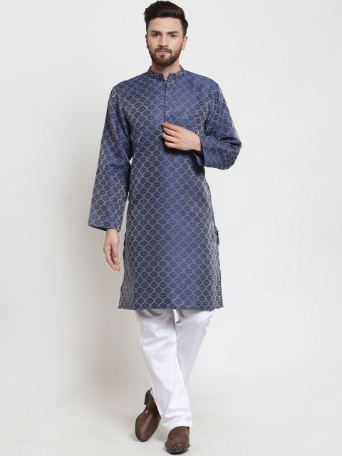 

NEUDIS Men Blue & Silver-Coloured Woven Design Handloom Jacquard Straight Kurta