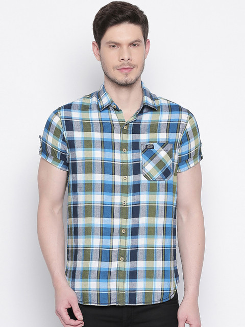 

Mufti Men Green & Blue Slim Fit Checked Casual Shirt