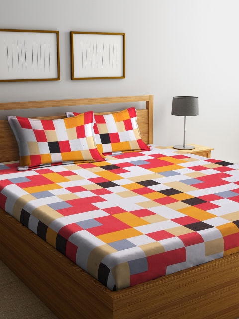 

Cortina White & Red Geometric 120 TC Cotton 1 Queen Bedsheet with 2 Pillow Covers