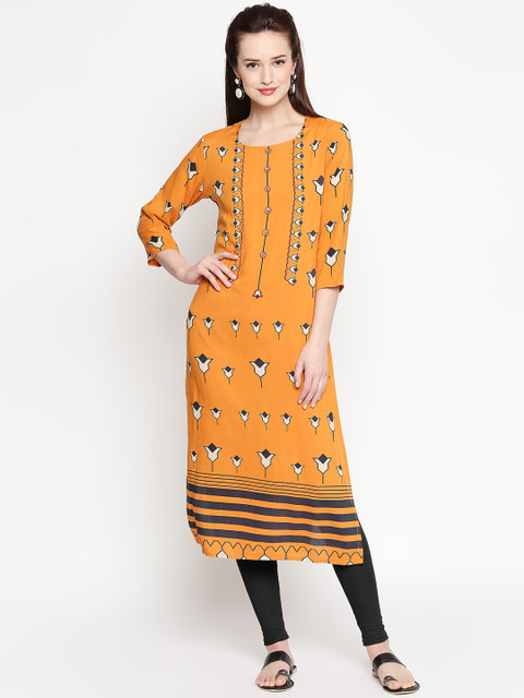 

ZRI Women Mustard Yellow & Black Printed Straight Kurta
