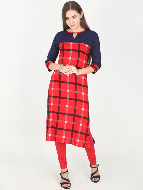 

Rasada Women Red & Navy Blue Checked Straight Kurta