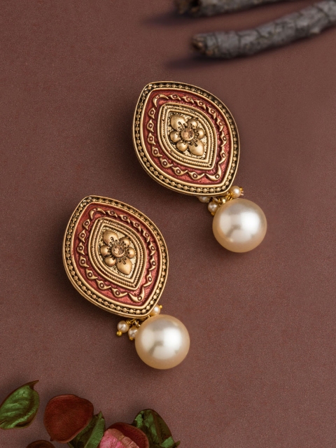 

E2O Gold-Plated & Maroon Oval Drop Earrings