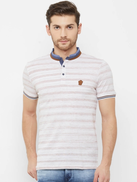 

NEXGEN CLUB Men Off-White & Beige Striped Mandarin Collar T-shirt