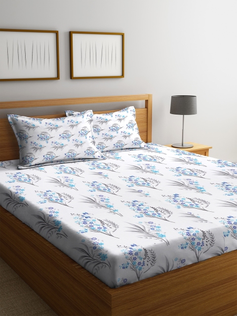 

Cortina White & Blue Floral 120 TC Cotton 1 Queen Bedsheet with 2 Pillow Covers