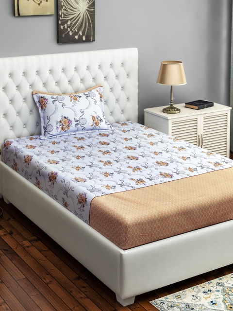 

SWAYAM Off-White Floral 200 TC Cotton 1 Single Bedsheet with 1 Pillow Covers