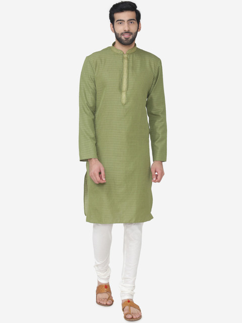 

Manyavar Men Green & White Self Design Kurta with Churidar