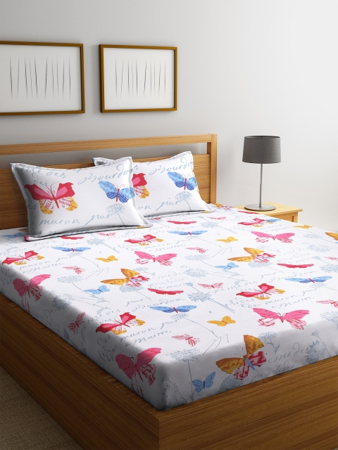 

Cortina White & Blue Conversational 120 TC Cotton 1 Queen Bedsheet with 2 Pillow Covers