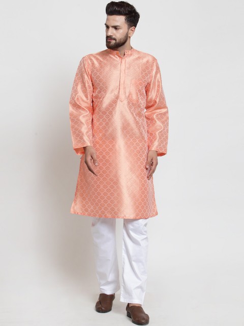 

NEUDIS Men Peach-Coloured Woven Design Handloom Jacquard Straight Kurta