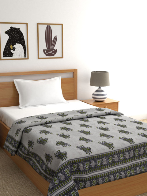 

LIVING ROOTS Grey & Green Jaipuri Block Print AC Room 110 GSM Single Bed Dohar