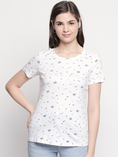 

Honey by Pantaloons Women White Black Printed Round Neck Pure Cotton T-shirt
