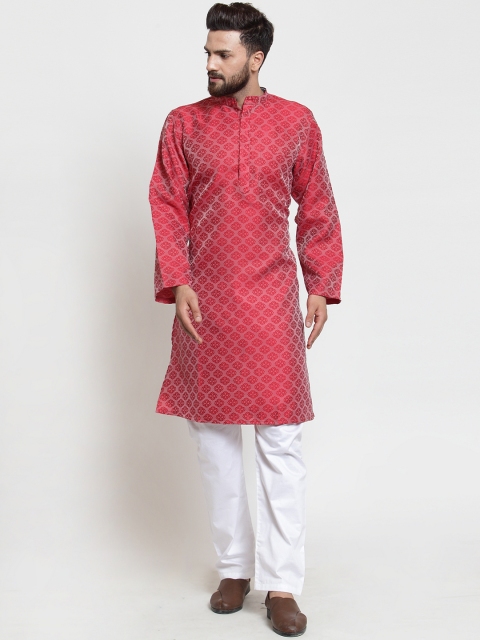 

NEUDIS Men Red & Silver-Coloured Printed Handloom Jacquard Straight Kurta