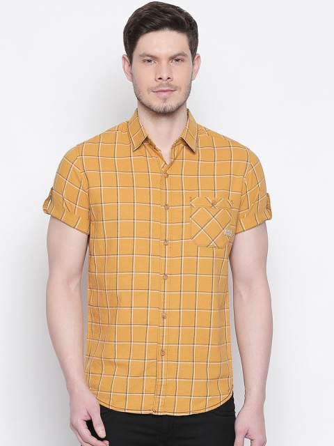 Mufti Men Mustard Yellow Slim Fit Checked Casual Shirt