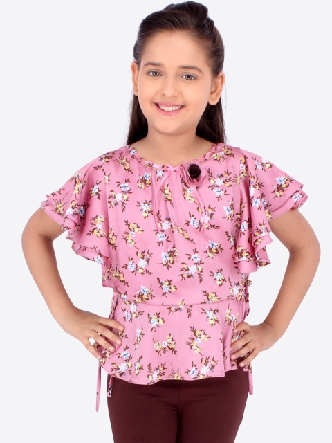 

CUTECUMBER Girls Pink & Brown Printed Peplum Top