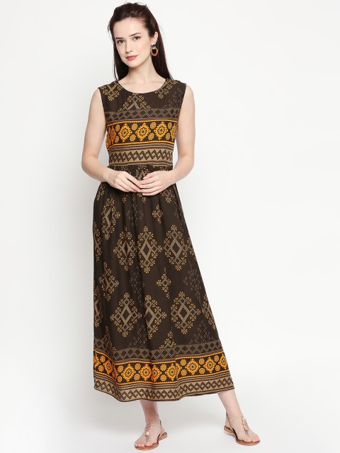 

ZRI Women Olive Brown Printed A-Line Ethnic Dress With Jacket