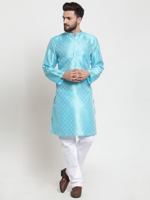 

NEUDIS Men Turquoise Blue Woven Design Handloom Jacquard Straight Kurta