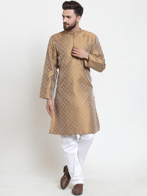 

NEUDIS Men Brown & Silver-Coloured Woven Design Handloom Jacquard Straight Kurta