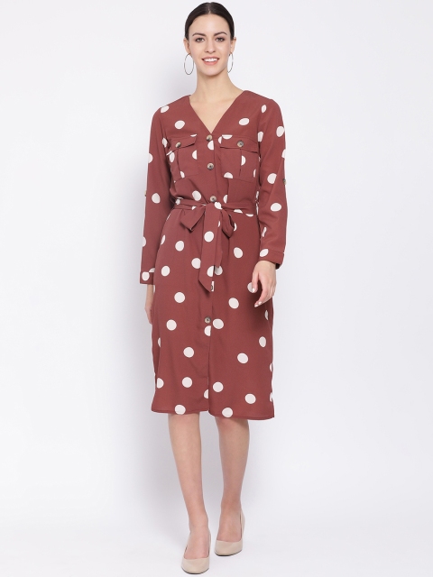 

Oxolloxo Women Rust Brown & White Polka Dot Printed Shirt Dress