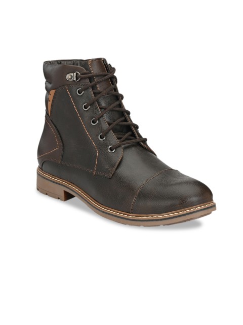 

SHENCES Men Brown Solid Synthetic Leather High-Top Flat Boots