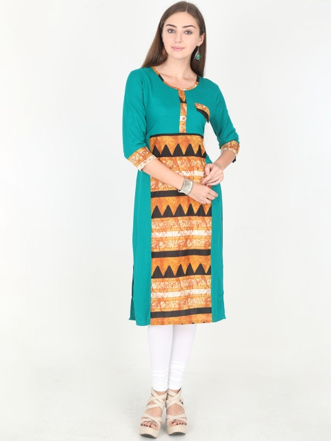 Rasada Women Green & Orange Printed Straight Kurta
