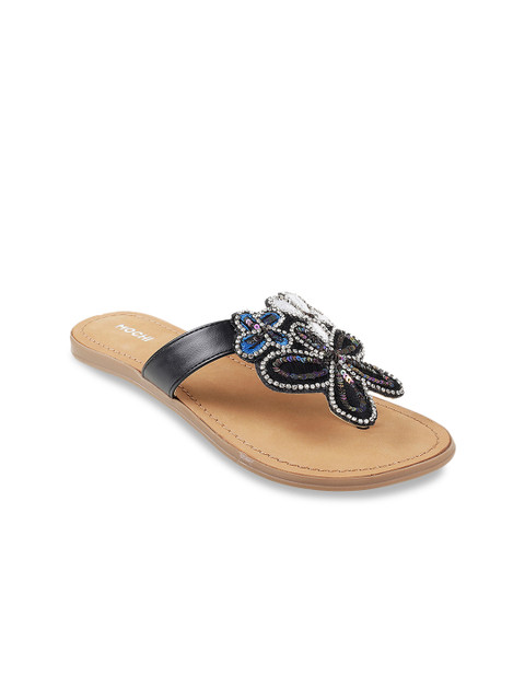

Mochi Women Black Embellished T-Strap Flats