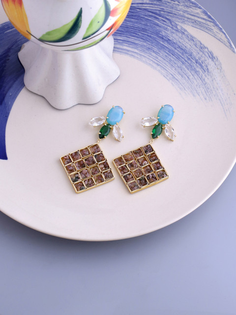 

NITAARA Brown & Blue Gold-Plated Geometric Drop Earrings