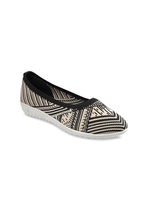 

meriggiare Women Black & Cream-Coloured Woven Design Mesh Ballerinas